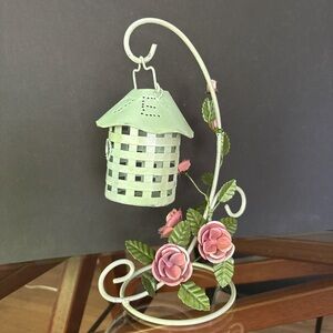 Green and Pink Floral Metal Lantern